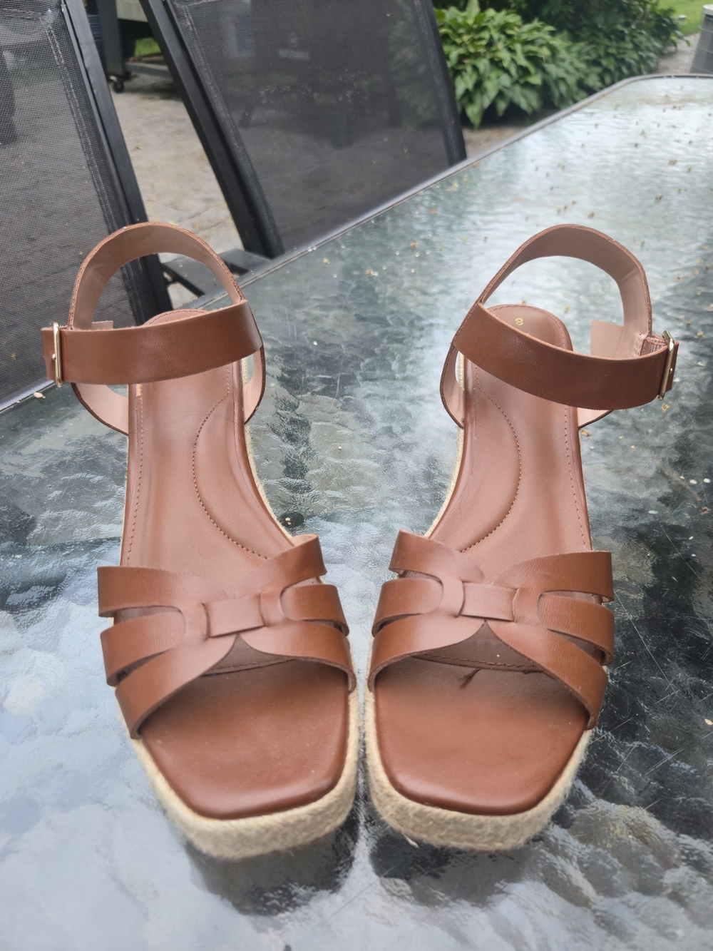 Time and Tru Tan Braided Espadrille Wedge Sandals with Ankle Strap